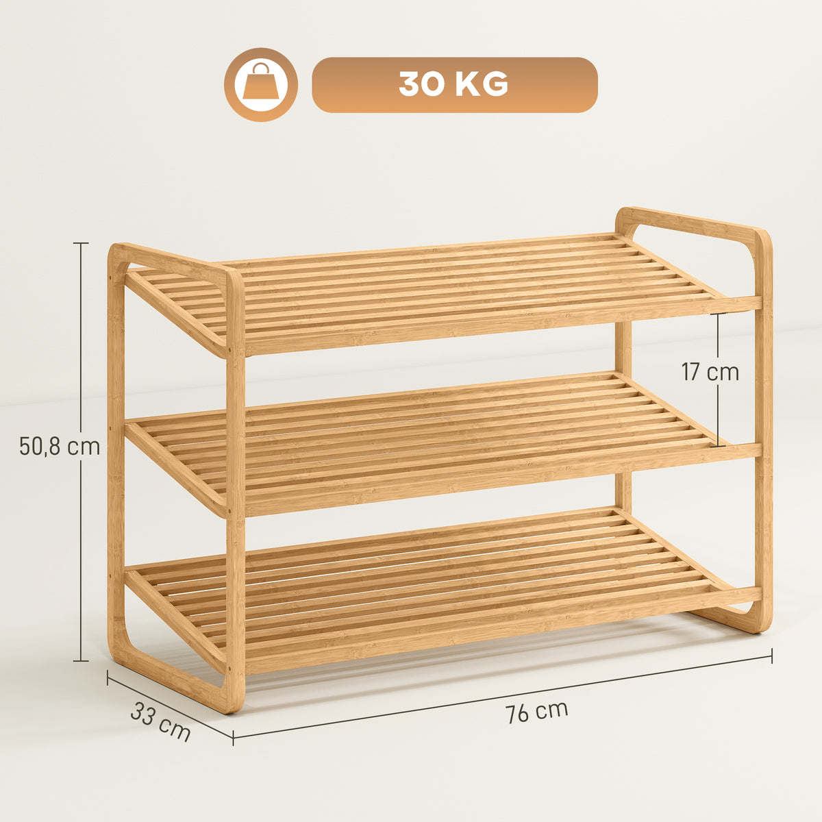 Sapateira de 3 Níveis Estante para Sapatos em Bambu para 12 Pares de Sapatos Estante para Entrada Corredor Quarto 76x33x50,8 cm Madeira — foto 3