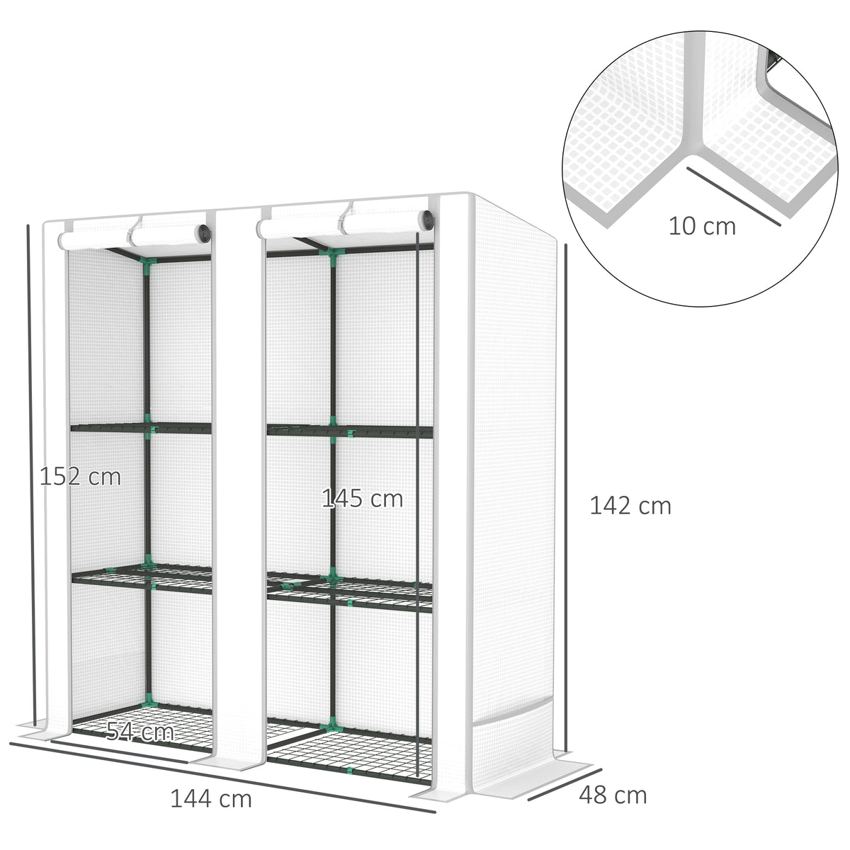 Estufa de Exterior com Teto Inclinado Estufa Pequena com 3 Prateleiras 2 Portas de Enrolar Capa de PE e Estrutura de Aço para Cultivos Plantas Flores 144x48x152 cm Branco — foto 3