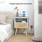 Mesa de Cabeceira com Estação de Carregamento Gaveta 2 Tomadas AC Porta USB e Tipo-C Compartimento Aberto Pernas de Madeira para Sala Quarto 40x35x54,7 cm Branco — foto 6