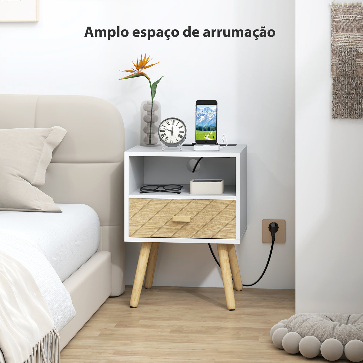 Mesa de Cabeceira com Estação de Carregamento Gaveta 2 Tomadas AC Porta USB e Tipo-C Compartimento Aberto Pernas de Madeira para Sala Quarto 40x35x54,7 cm Branco — foto 6