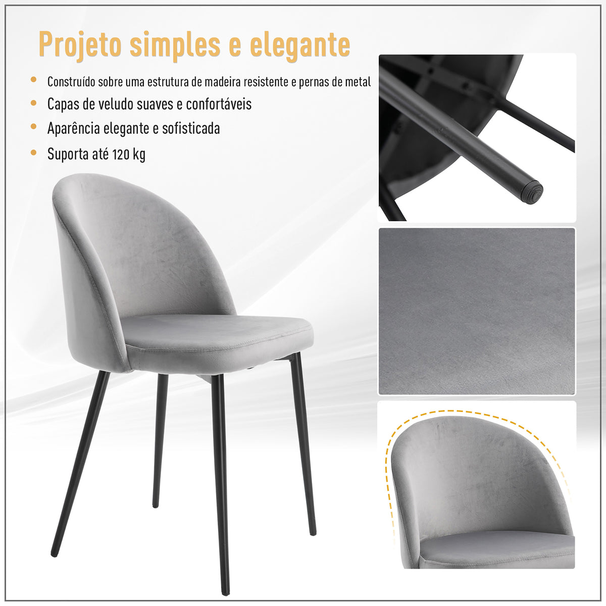 Conjunto de 2 Cadeiras de Sala de Jantar com Asento e Encosto Acolchoados Estofadas em Veludo Suave Desenho Moderno Carga Máxima 90 kg 49x50x77 cm Cinza — foto 6