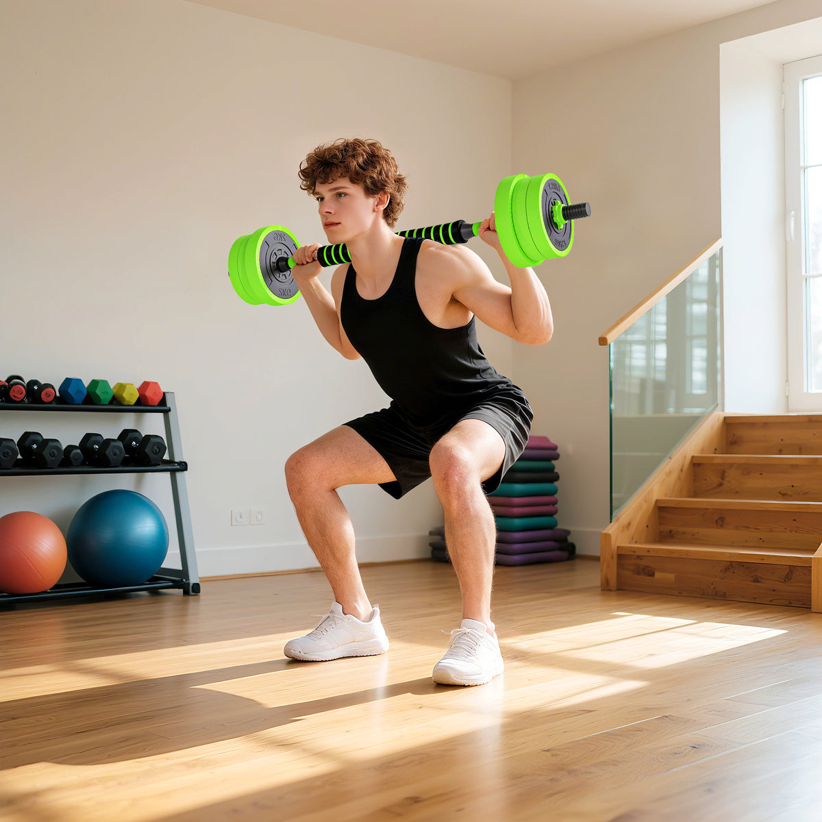 Conjunto de Halteres 20kg 4 em 1 Conjunto de Pesos com Kettlebell Barra de Pesos para Treino de Força em Casa Ginásio Escritório Verde — foto 2