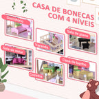 Casa de Bonecas com Móveis e 4 Andares Casa de Bonecas com 13 Acessórios Brinquedo de Imitação 60,5x30x80,5cm Rosa — foto 4