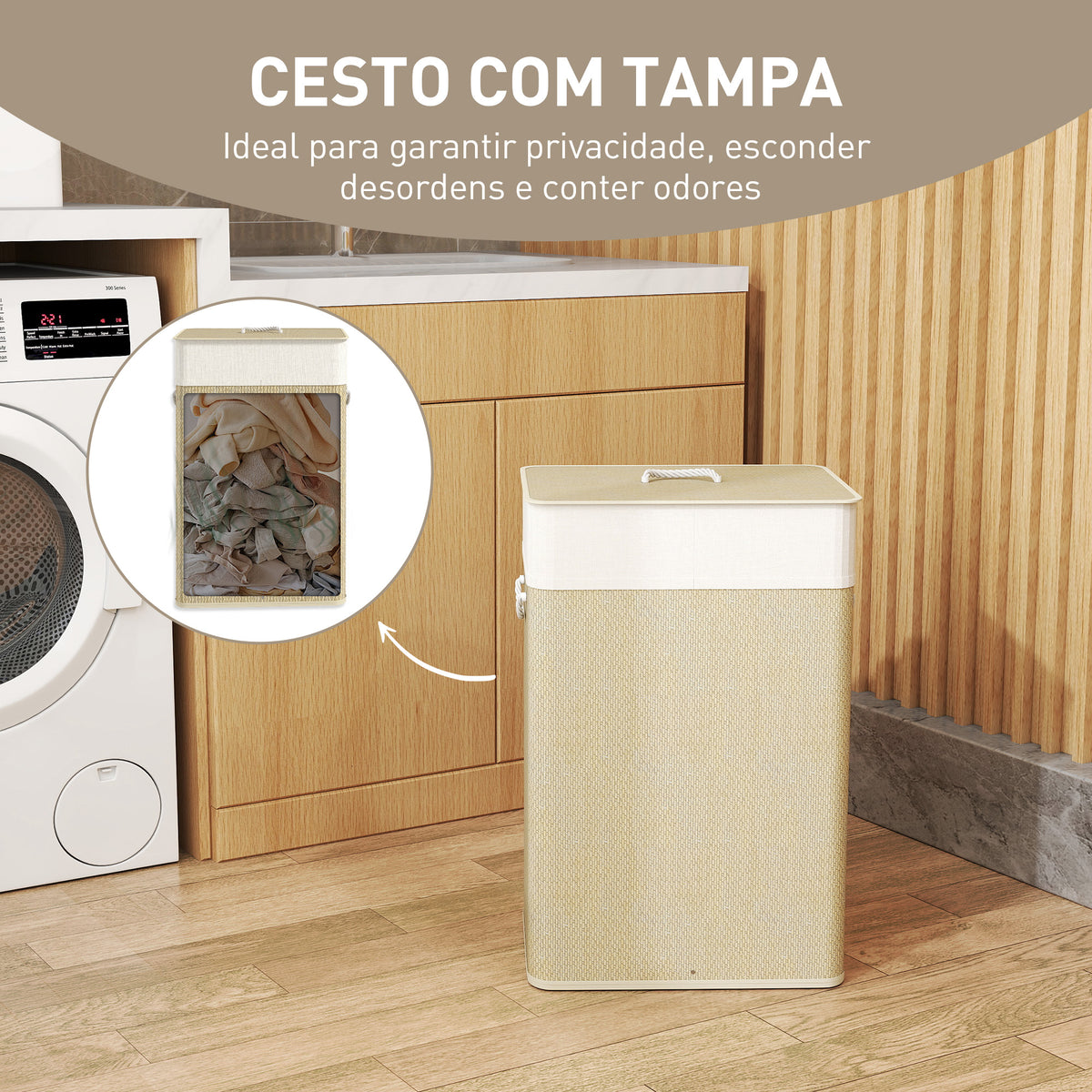 Cesto de Roupa com Tampa 72L Cesto de Roupa de Bambu com Bolsa Interior Removível e Alças para Lavandaria Dormitório 40x30x60 cm Bege e Creme — foto 5