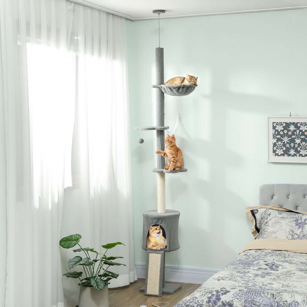 Arranhador para Gatos de Chão a Teto Altura Ajustável de 220-240 cm Torre para Gatos com Rede Plataformas em Flor Cavernas Rampa e Bola Cinza Claro — foto 2