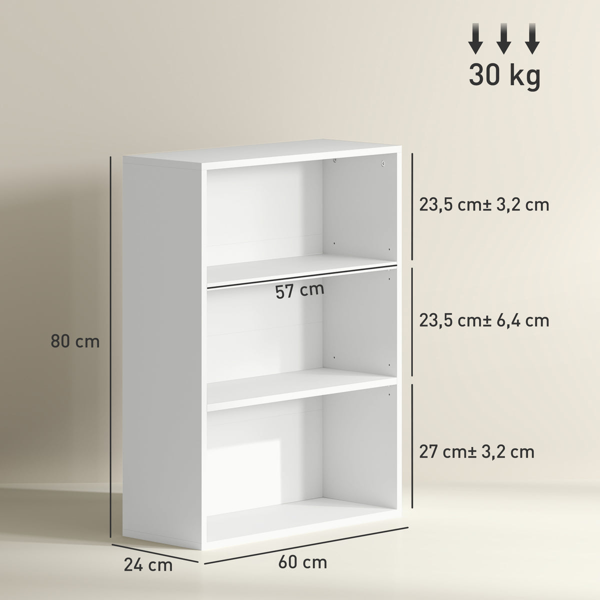 Estante de 3 Níveis Estante para Livros com 2 Prateleiras Ajustáveis para Sala de Estar Escritório Quarto 60x24x80 cm Branco — foto 3