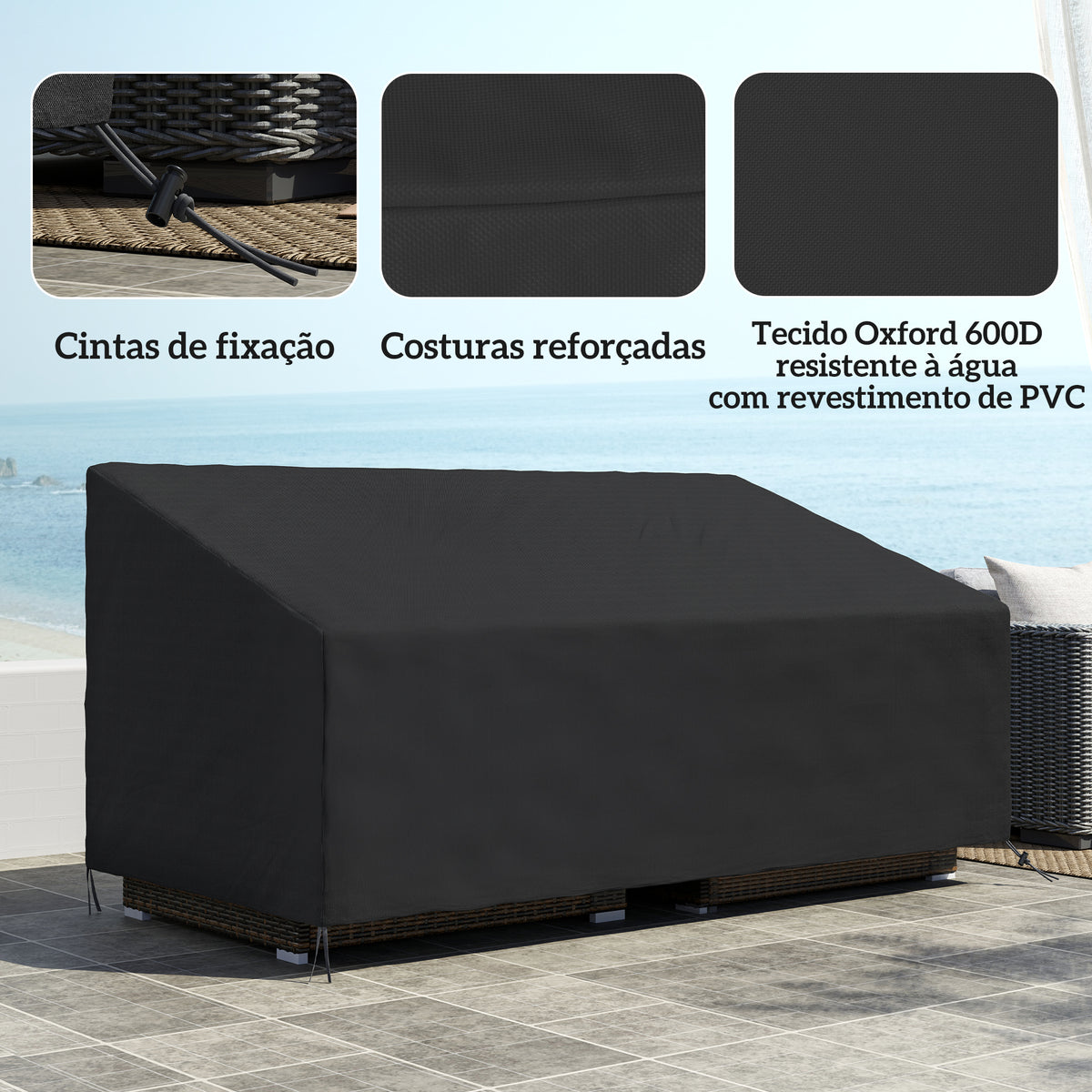 Capa Protetora para Móveis de Jardim Cobertura de Móveis de Tecido Oxford 600D Impermeável para Sofás Bancos 218x111x63-101 cm Preto — foto 4