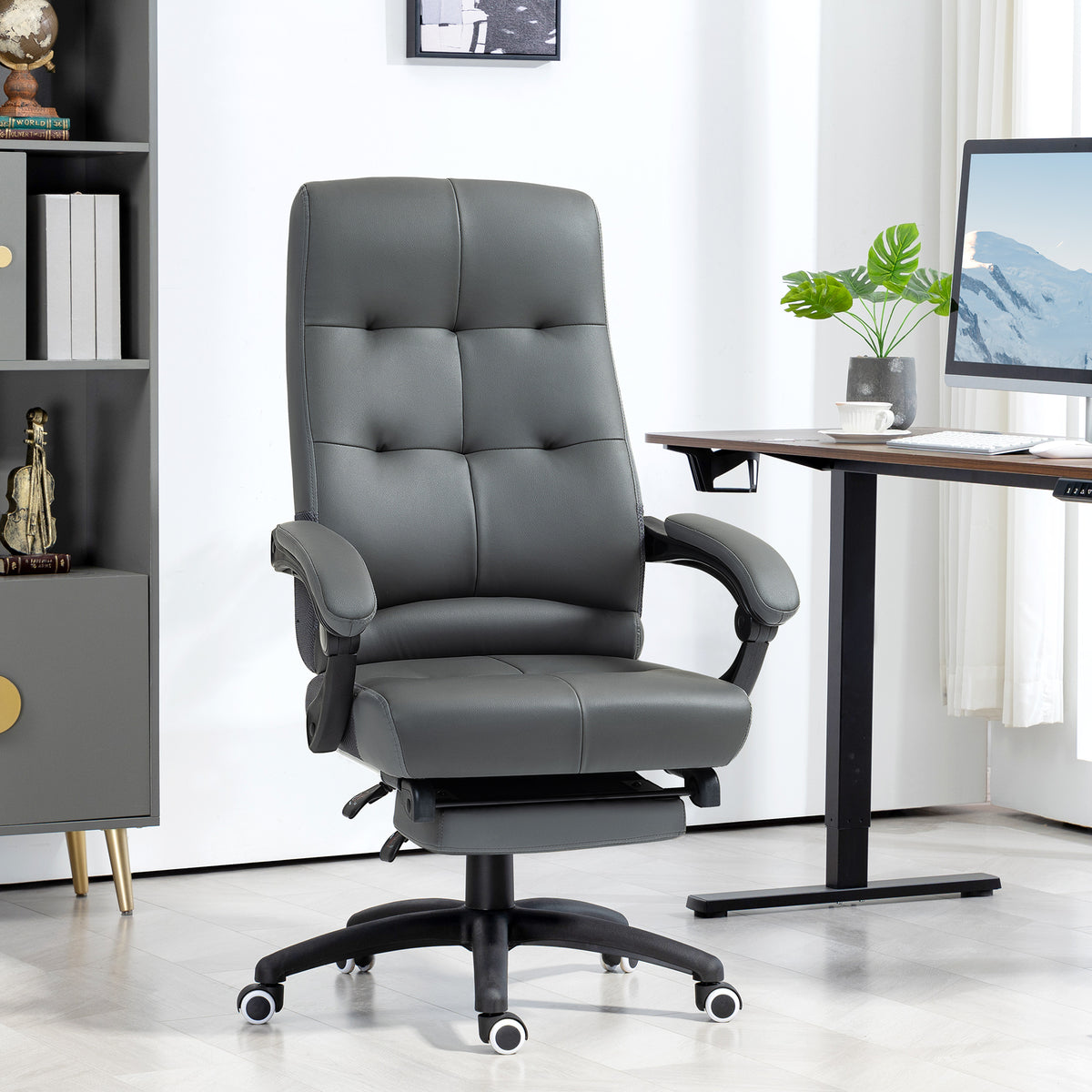 Cadeira de Escritório Ergonómica Giratória Cadeira de Escritório Reclinável Estofada em PU com Altura Ajustável Apoio para os Braços e Apoio para os Pés 65x65x118-125 cm Cinza Escuro — foto 2