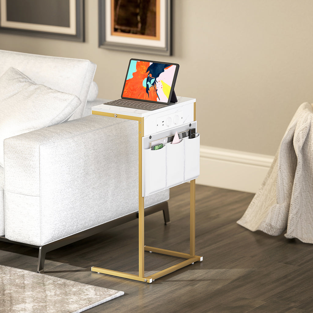Mesa Auxiliar com Estação de Carga Mesa Lateral com 2 Entradas USB 1 Entrada USB-C e Bolsa Organizadora Mesa Auxiliar para Sala de Estar Dormitório 25,5x40x71 cm Branco — foto 2