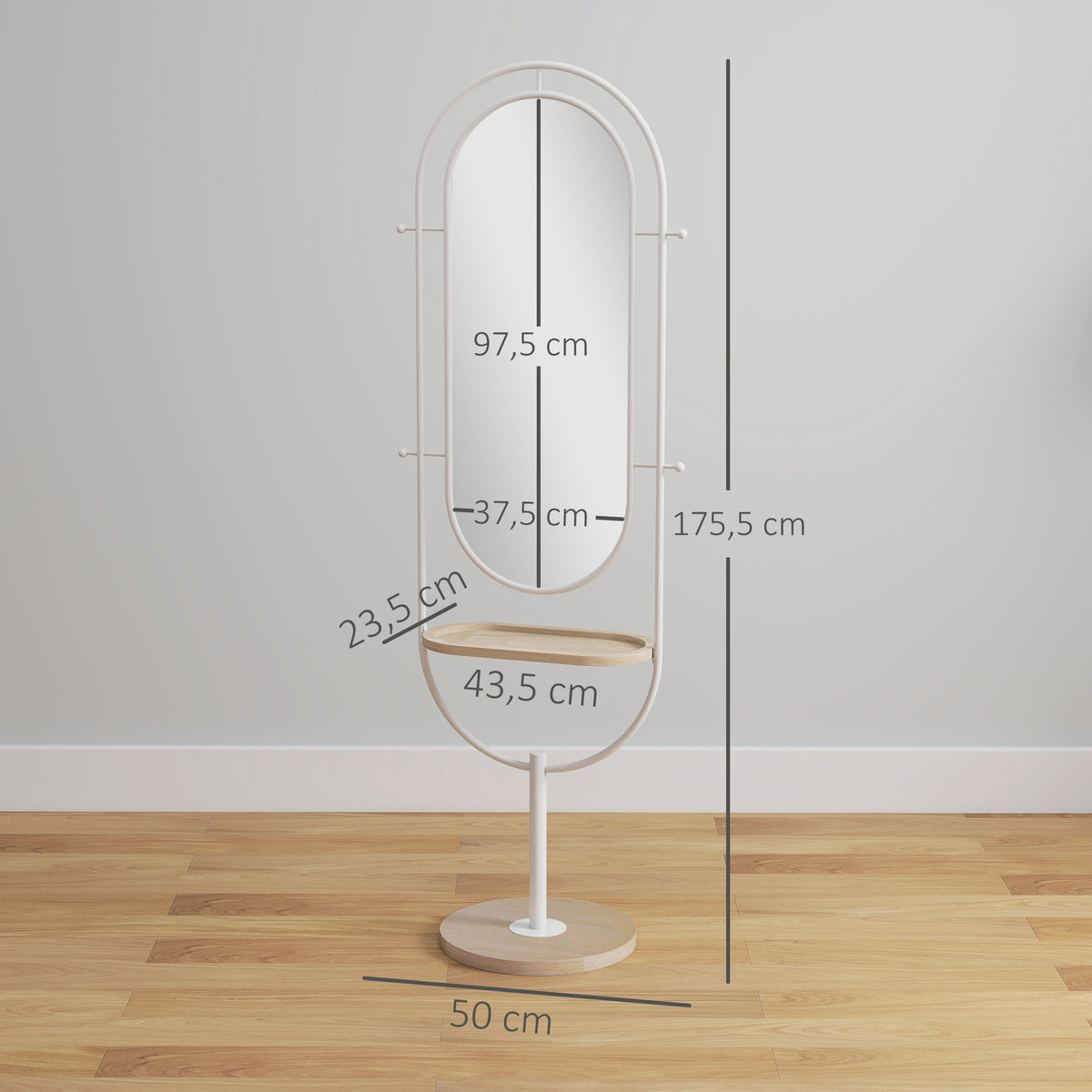 Espelho de Pé 50x175,5 cm Espelho de Corpo Inteiro com Bandeja de Madeira 4 Ganchos e Estrutura de Metal para Sala de Estar Quarto 50x40x175,5 cm Branco — foto 3