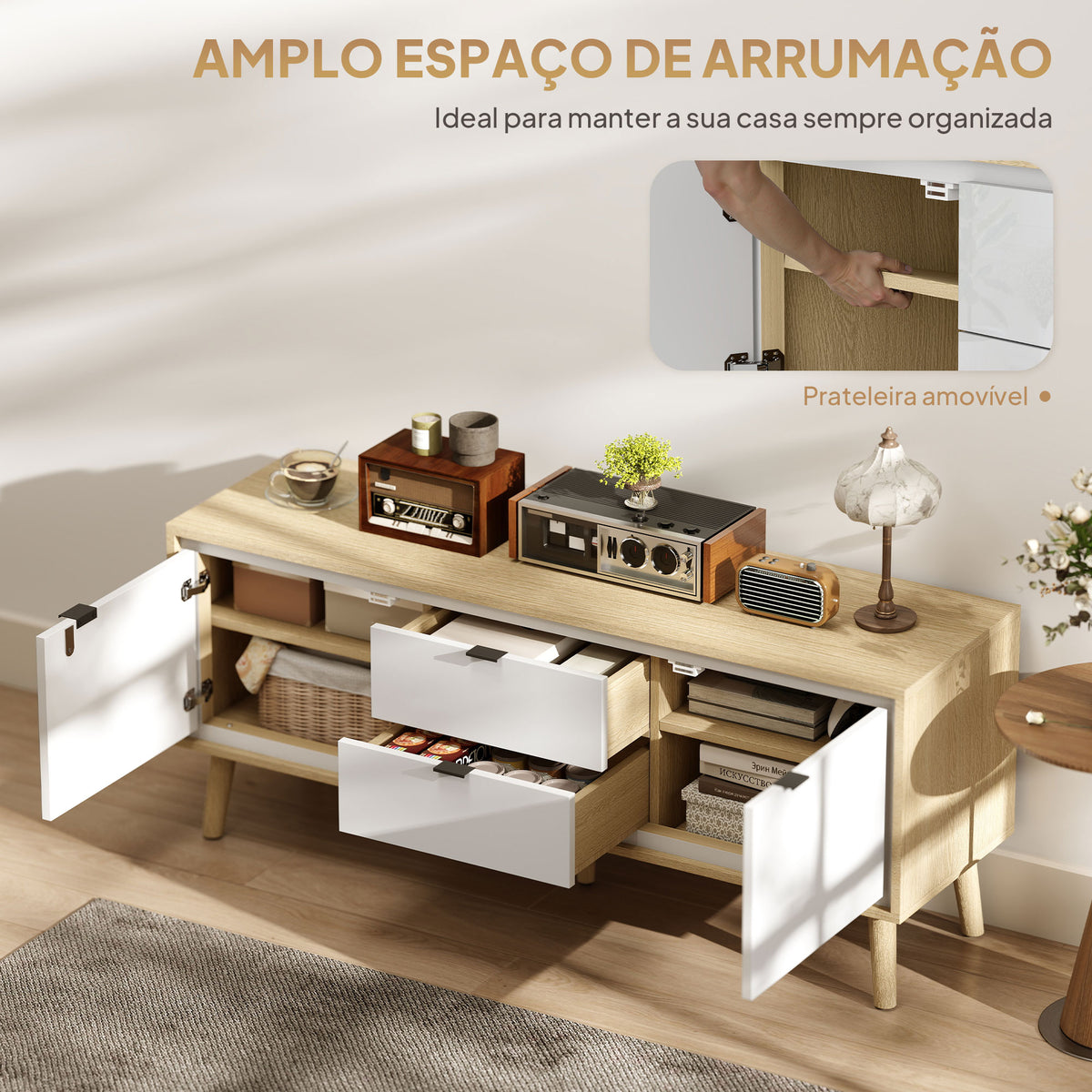 Móvel de TV Moderno de 2 Portas Móvel TV para Sala com 2 Gavetas Orifícios Passa-Cabos Prateleiras Removíveis e Ajustáveis para Televisão 55 Polegadas 120x35x50 cm Branco Brilho e Carvalho — foto 4
