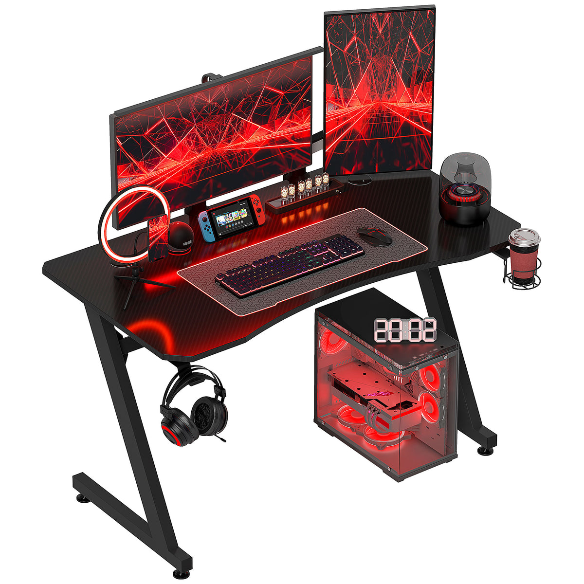 Secretária Gaming 120x65x74,5cm Secretária Gaming para Computador com Suporte para Copos Gancho para Fones de Ouvido e Pés Ajustáveis com Efeito de Fibra de Carbono Preto — foto 1