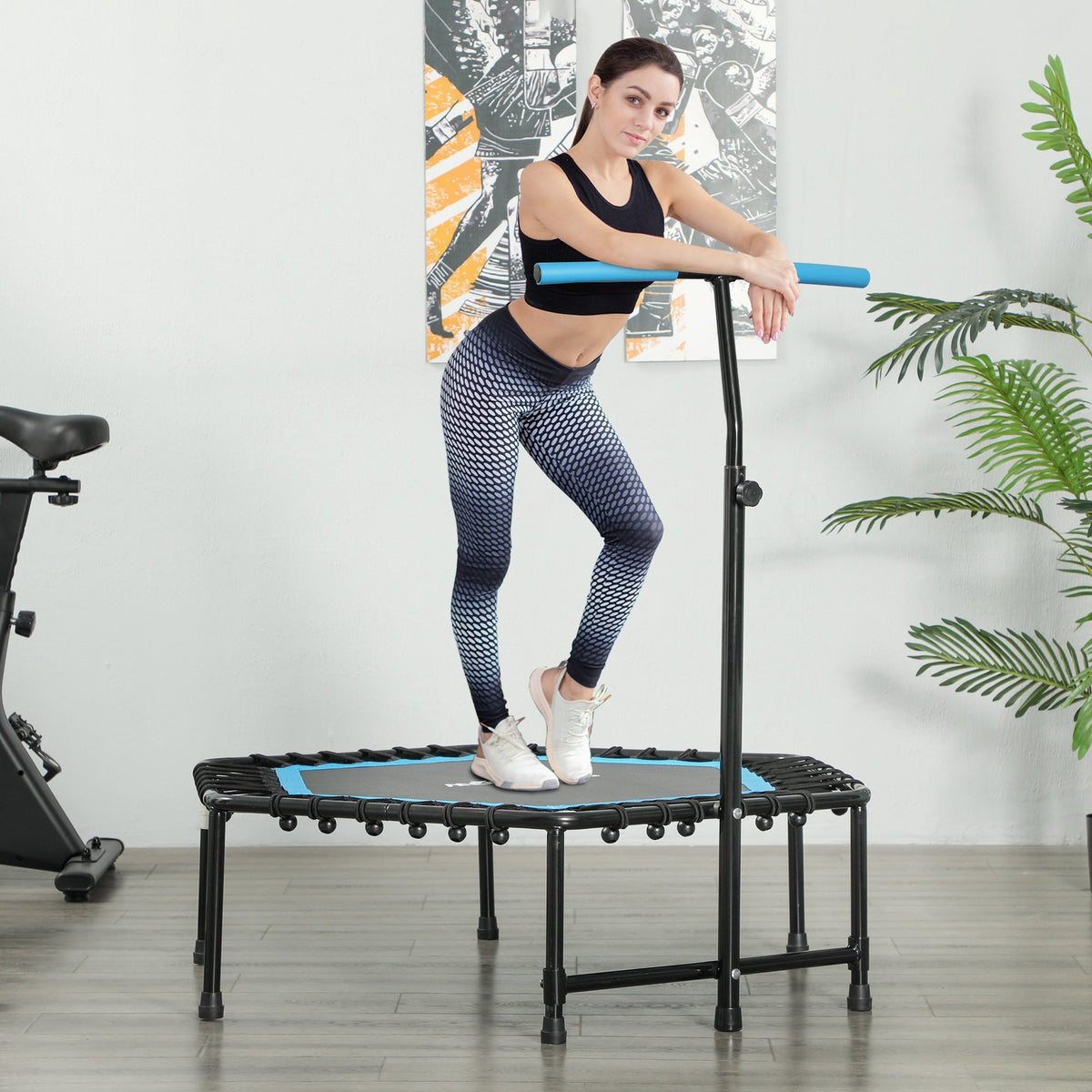 Trampolim Fitness 114x114x132 cm Trampolim Fitness com Guiador Ajustável em 3 Níveis Estrutura de Aço para Treino de Perna Corpo em Casa Escritório Ginásio Azul — foto 2