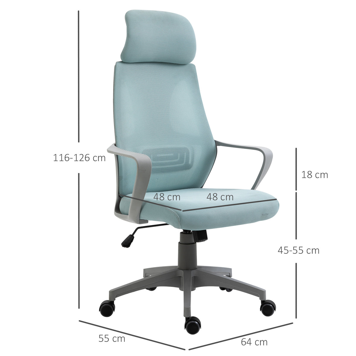 Cadeira de escritório ergonômica Cadeira de mesa inclinável ajustável em altura com encosto de braço Encosto de cabeça 5 rodas Suporta até 120 kg 64x58x116-126 cm Azul — foto 3