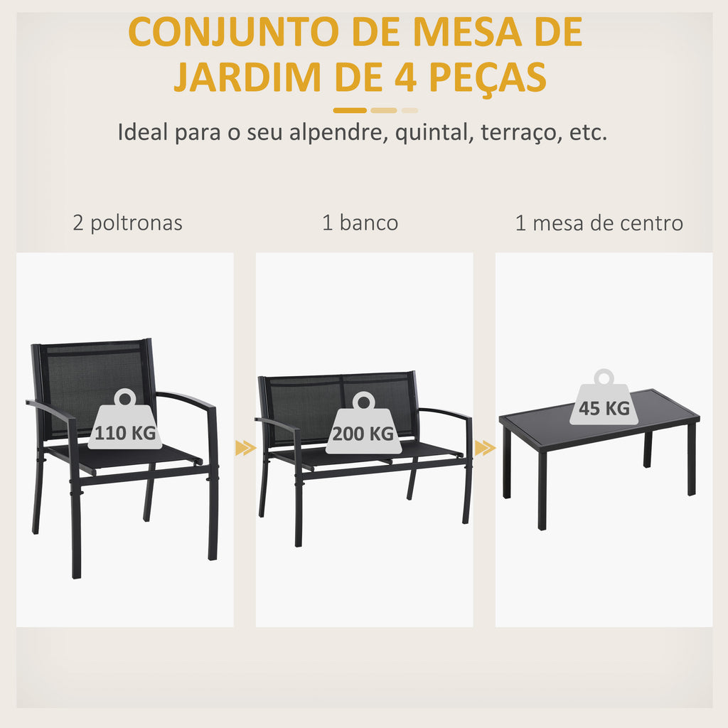 Conjunto de Móveis de Jardim Conjunto de 4 Peças Móveis de Exterior com 2 Poltronas 1 Sofá de 2 Lugares e Mesa de Centro com Tampo de Vidro Temperado Preto — foto 4