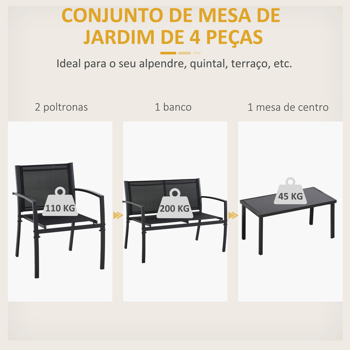 Conjunto de Móveis de Jardim Conjunto de 4 Peças Móveis de Exterior com 2 Poltronas 1 Sofá de 2 Lugares e Mesa de Centro com Tampo de Vidro Temperado Preto — foto 4