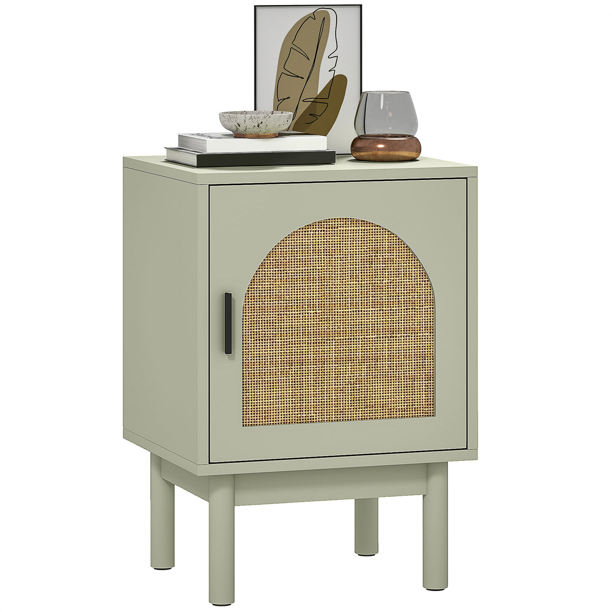 Mesa de Cabeceira Mesa de Cabeceira com Porta de Vime Prateleira Ajustável e Pés de Madeira Estilo Boémio Mesa Auxiliar para Sala de Estar Quarto 40x35x58 cm Verde Claro — foto 1