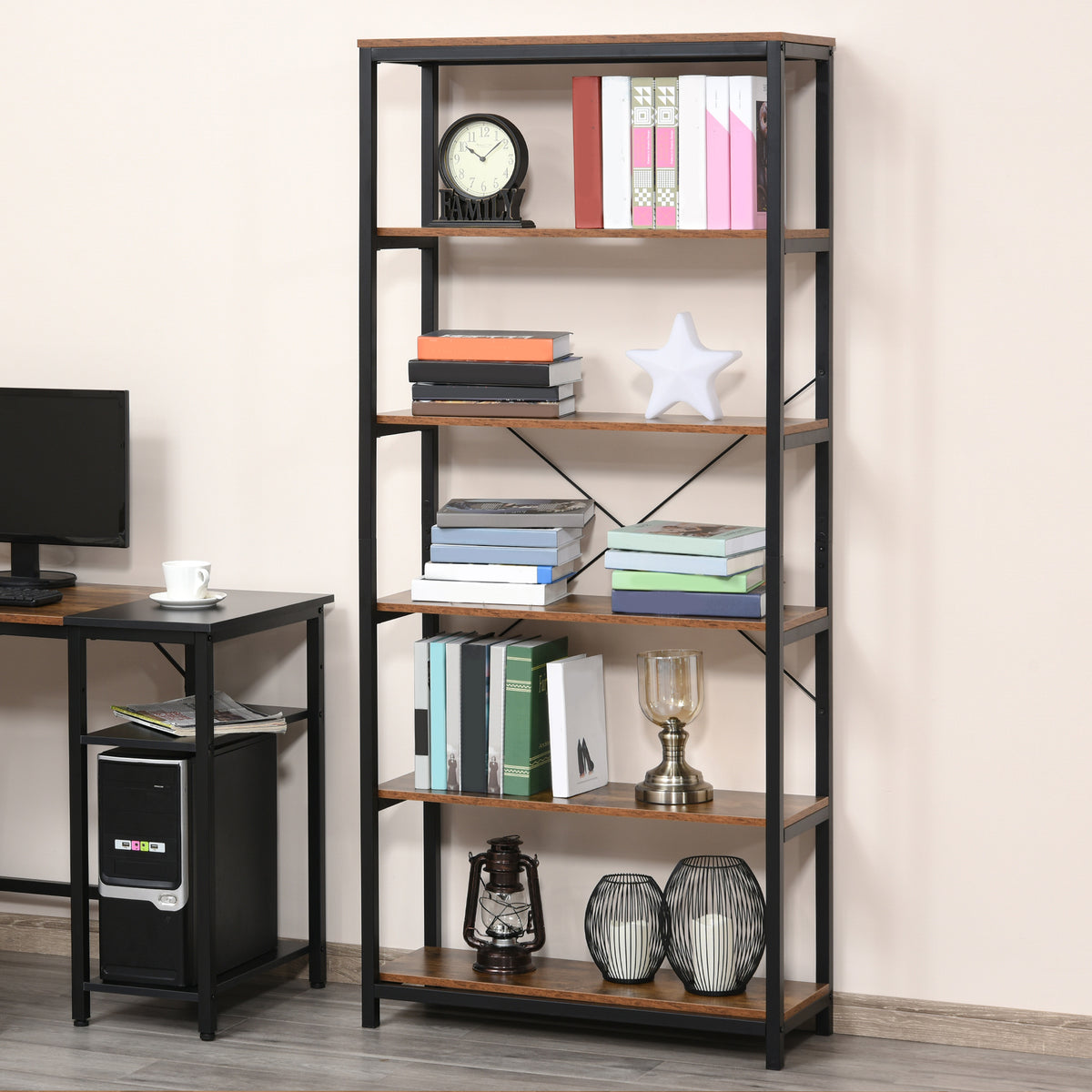 Estantes de estilo industrial com 6 prateleiras abertas para livros Armazenamento da sala de estar Escritório 80x30x180 cm Castanho Rústico — foto 2