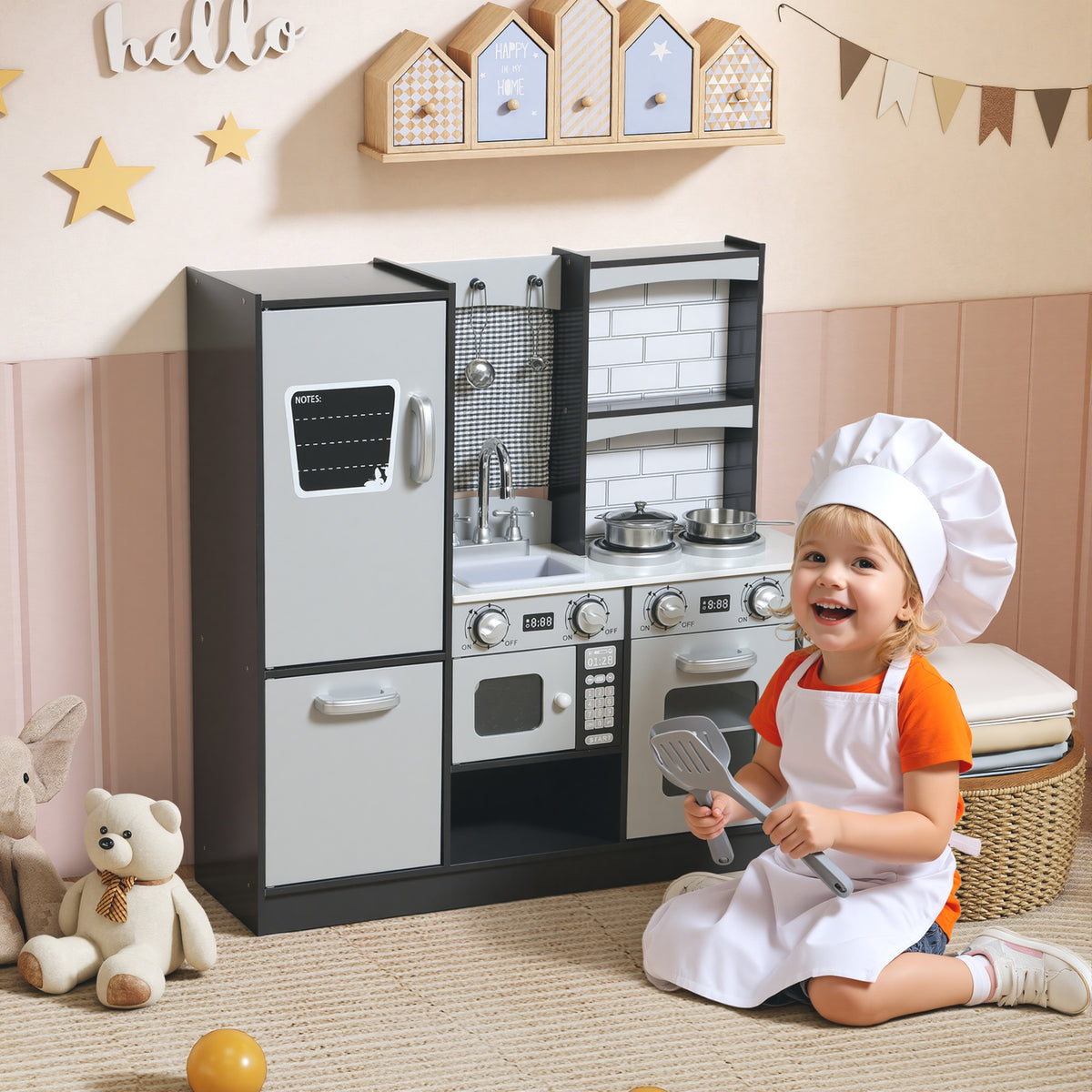 Cozinha de Madeira com Som Cozinha de Brincar Infantil com Acessórios em Aço Inoxidável Frigorífico Micro-Ondas, Lava-Loiça Brinquedos para Crianças a partir dos 3 Anos 81x27x79,7 cm Castanho Escuro — foto 2