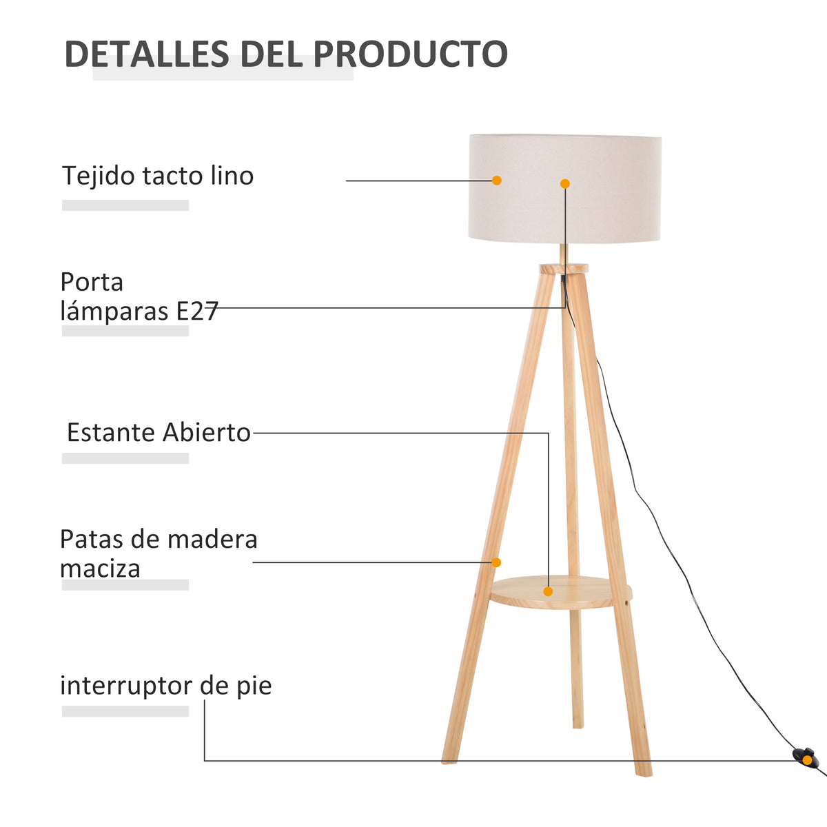 Candeeiro de Pé Moderno para o Quarto com Lâmpadas de E27, 40W e Interruptor de Pé, com Base de Tripé Inoxidável 154cm — foto 4