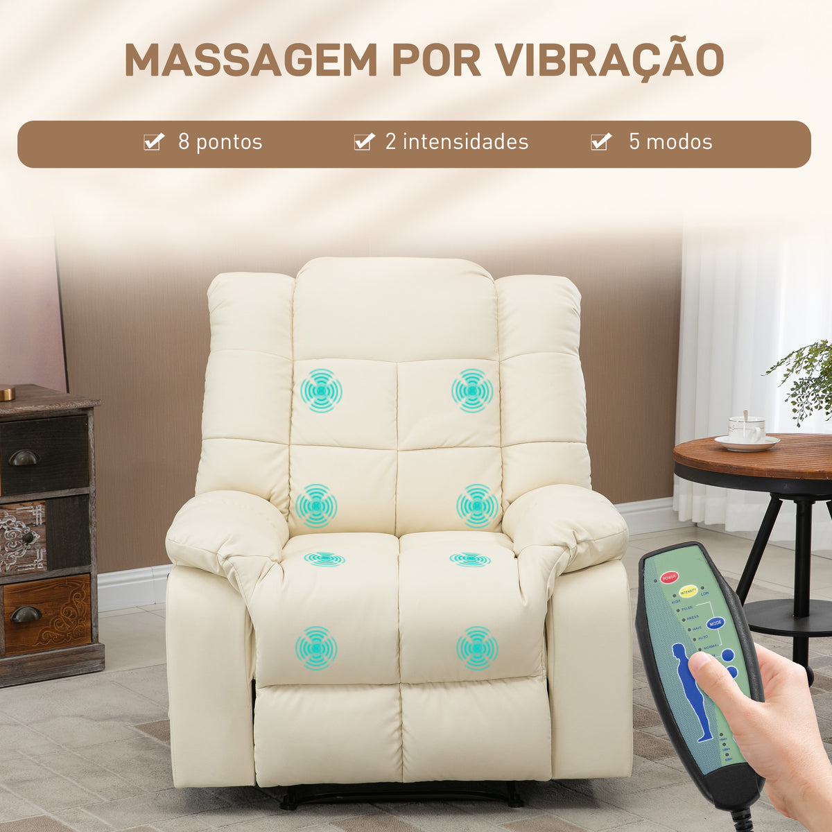 Poltrona de Massagem Poltrona Relax Reclinável com 8 Pontos de Massagem Controlo Remoto Estofada em PU Apoio para Pés Bolso Lateral Poltrona para Sala de Estar Quarto 94x99x99 cm Creme — foto 4