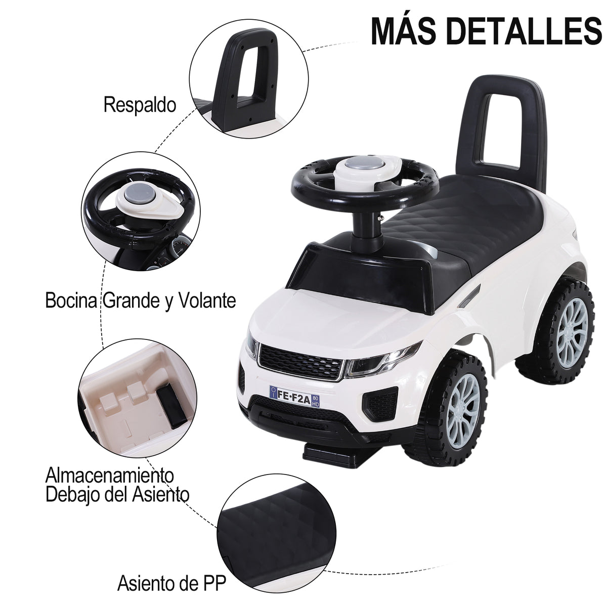 Quad Correpasillos Criança 1-3 Anos Carro sem Pedais para Bebé Brinquedo Andador Estilo Corrida com Buzina Volante Compartimento Oculto 62x28x41,5cm Branco — foto 4