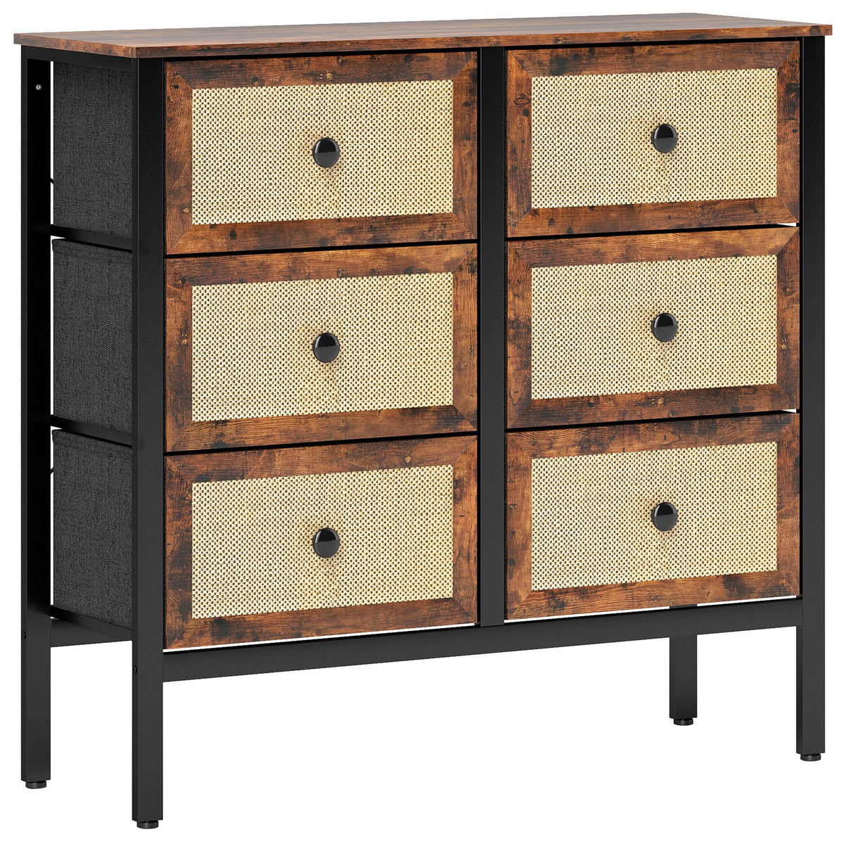 Cómoda para Dormitório Cómoda de Tecido com 6 Gavetas Dobráveis com Frentes de Vime e Estrutura de Aço Cómoda para Dormitório Sala de Estar 88x30x83 cm Marrom Rústico — foto 1
