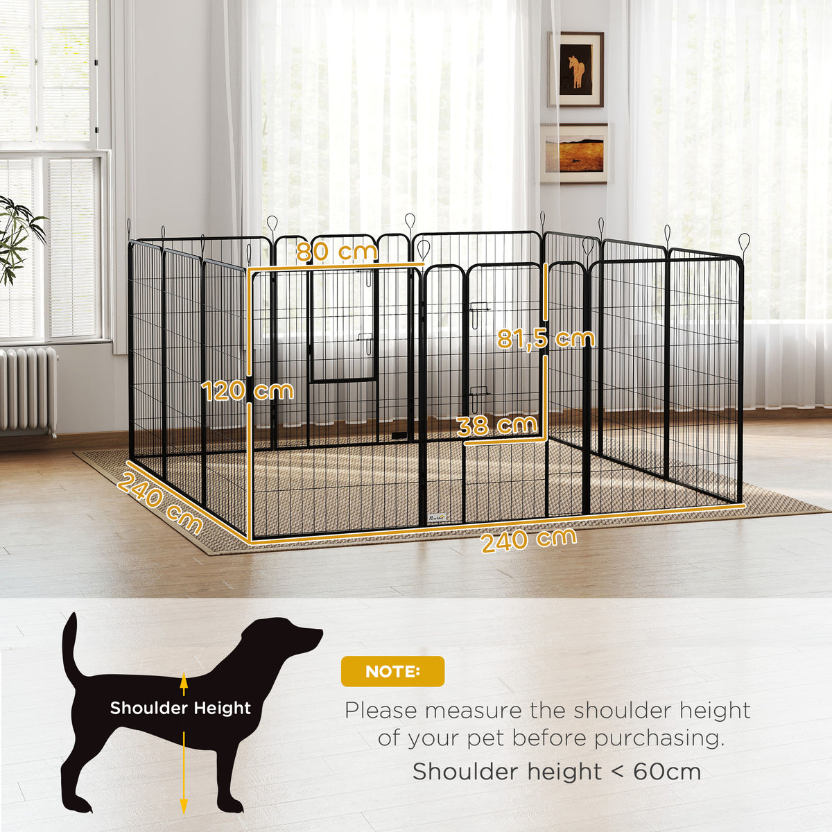 Parque para Cães com 12 Painéis Recinto para Animais de Estimação Modular com 2 Portas para Interior e Exterior Aço 80x120 cm Preto — foto 3