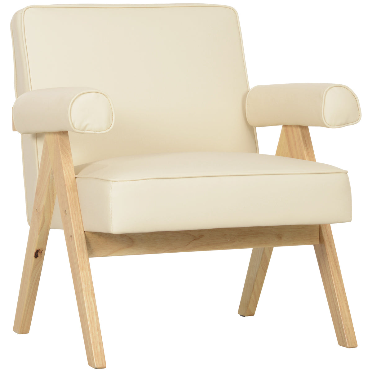 Poltrona Sala de Estar Poltrona Nórdica Poltrona Estofada em PU com Apoio para os Braços e Estrutura de Madeira de Borracha para Dormitório Carga 120 kg 73x70x80 cm Creme — foto 1