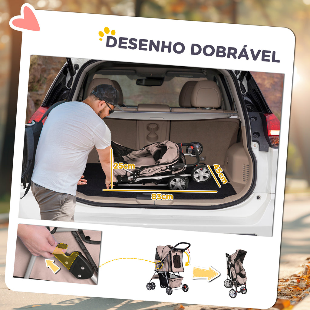 Carrinho para Cães Dobrável, Coche para Cães Pequenos com Cesta de Armazenamento, Janelas de Malha, Suporte para Copos, Rodas EVA, Almofada Lavável, Travões, Carga 10 kg, 75x45x97 cm, Castanho — foto 5