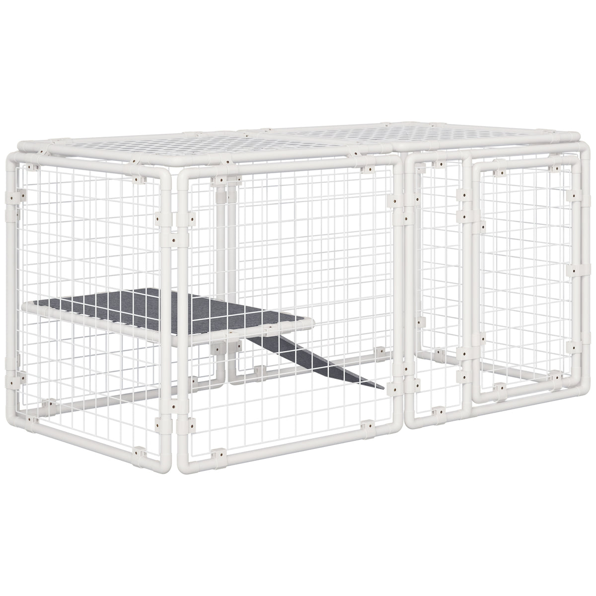 Recinto Modular para Animais de Estimação Recinto para Coelhos com 9 Painéis de 68x68,2x2,5cm Trava e Escada para Cobaias Desenho DIY Branco — foto 1