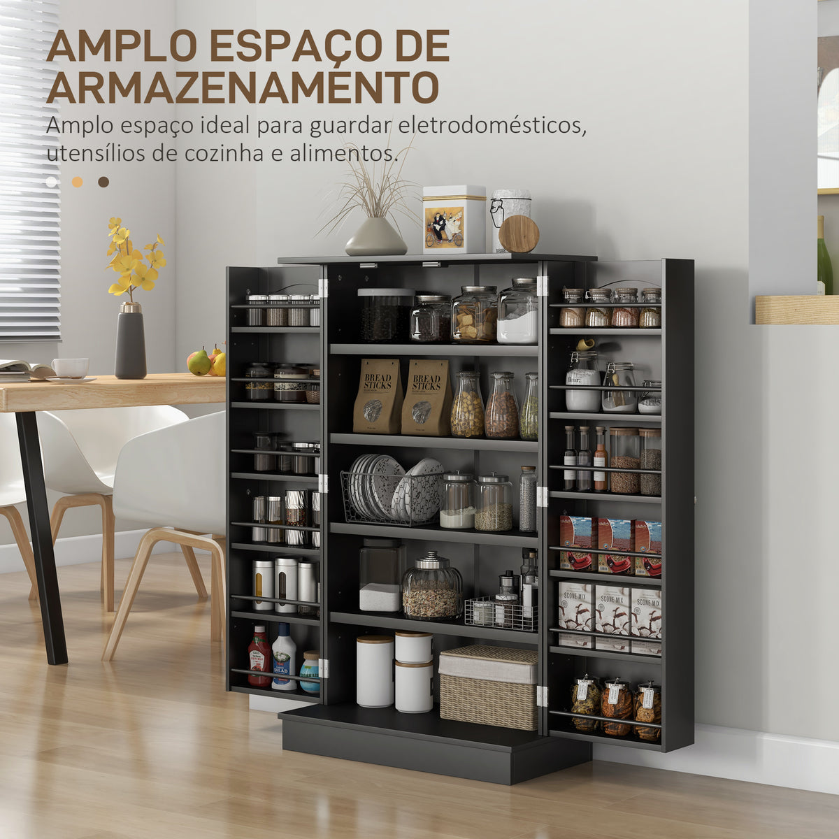 Armário de Cozinha Armário de Cozinha Alto com 2 Portas e 16 Prateleiras Armário de Cozinha Moderno com Prateleiras Ajustáveis para Sala de Jantar Sala 60x30x104 cm Preto — foto 4