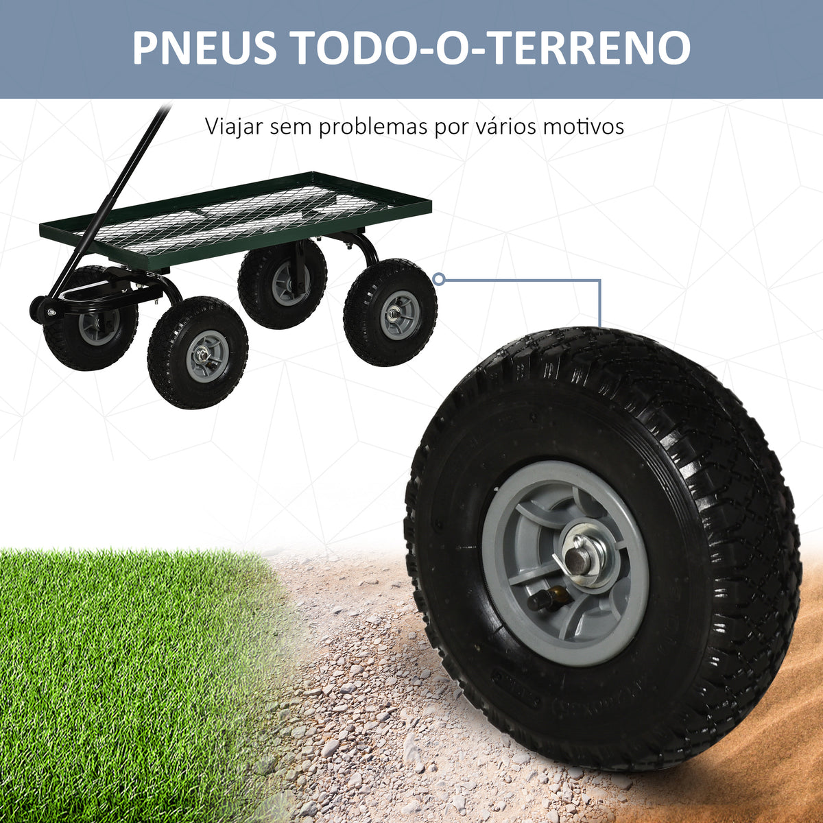 Carro de Transporte com Pega Revestida e 4 Rodas Grandes de Ø24 cm Carrinho de Jardim em Aço Capacidade 150 kg 94x48,5x100 cm Preto e Verde — foto 5