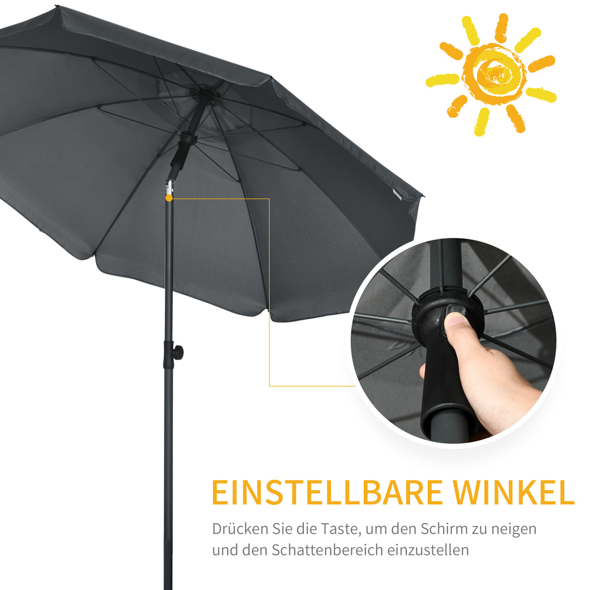 Chapéu de Sol de Praia Grande Ø180 cm Chapéu de Sol de Exterior com Ângulo Ajustável Proteção UV50+ Inpermeável Mastro de Ø32 mm Cinza — foto 5