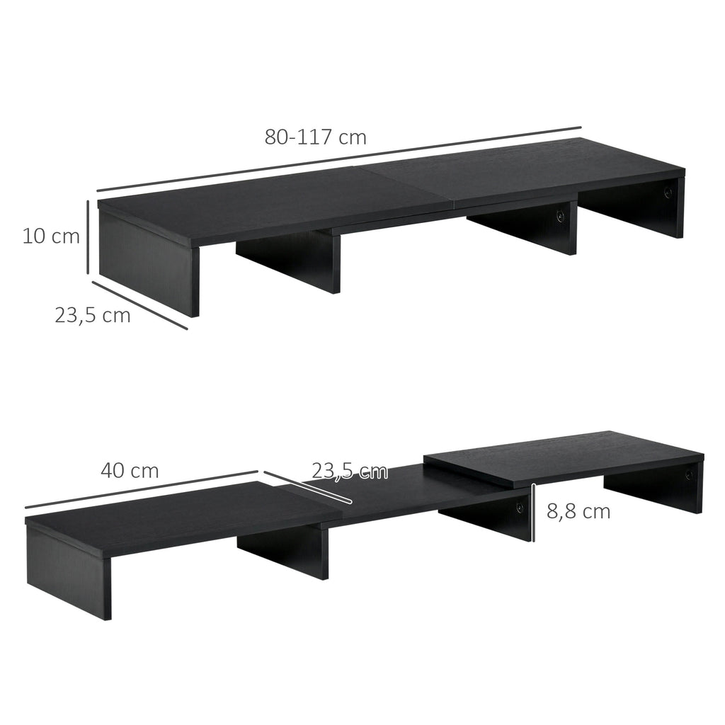 Suporte Elevado para Monitores de Madeira Ajustável em Comprimento e Ângulo para 2 Monitores Notebook 80-117x23,5x10cm Preto — foto 3