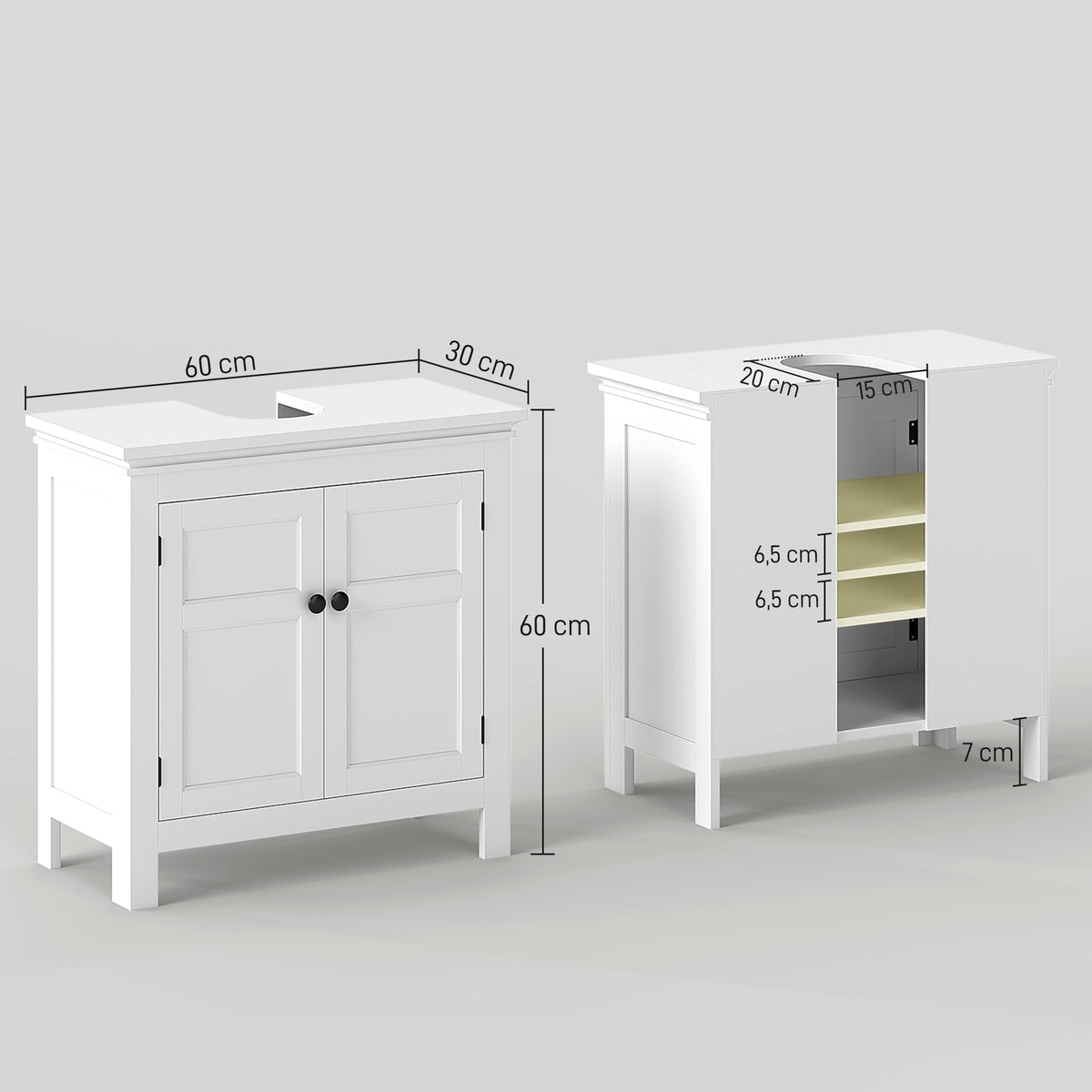 Móvel para Lavatório Pousar Móvel para Lavatório Moderno com Prateleira Ajustável e Portas Magnéticas 60x30x60 cm Branco — foto 3