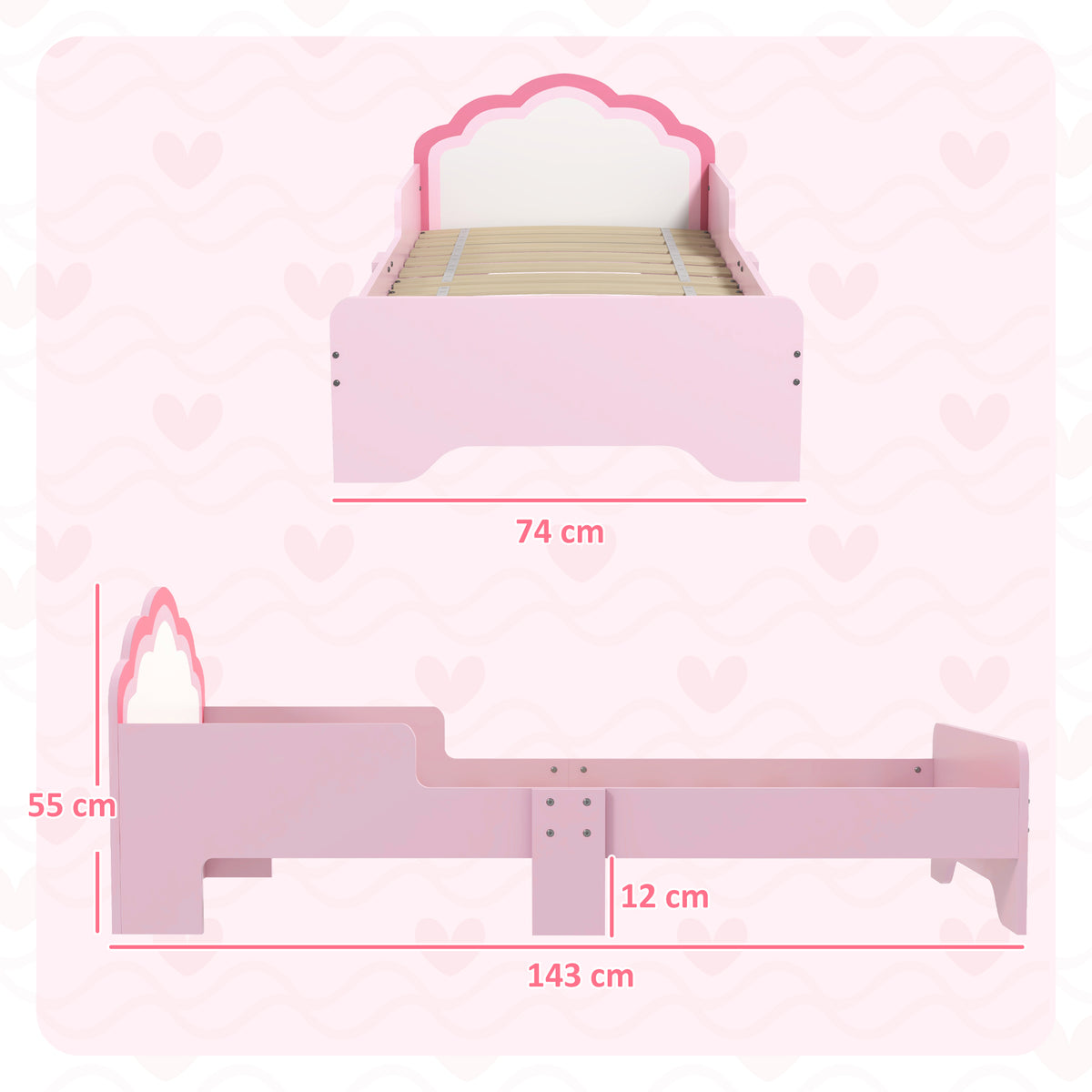 Cama para Crianças 70x140 cm com Barreira Antiqueda e Estrado Cama Infantil com Cabeceira em Forma de Nuvem Rosa — foto 3
