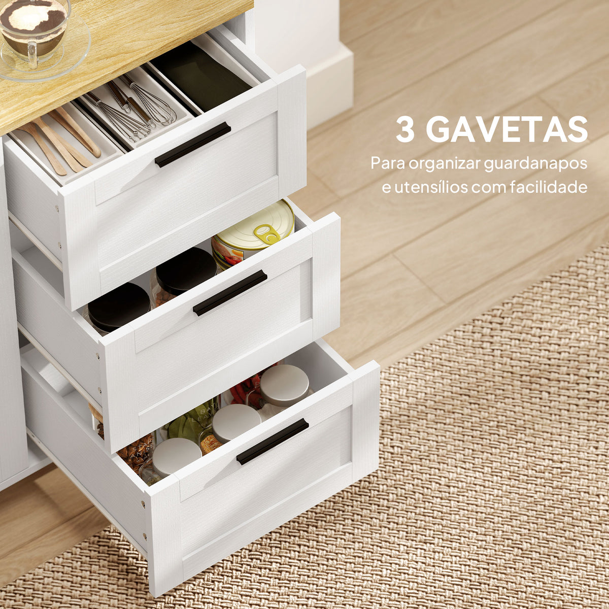 Aparador com 2 Portas Moderno para Sala de Estar com 3 Gavetas Prateleira Ajustável e Pernas de Madeira para Sala de Jantar Entrada, Quarto 120x38x76 cm Branco — foto 5