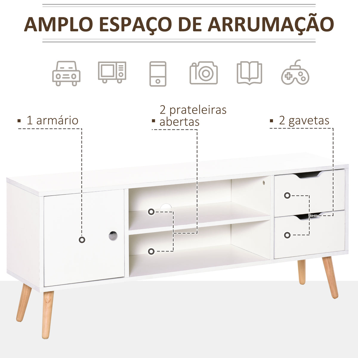 Armário de TV Grande armazenamento com armário prateleiras e gavetas abertas Carga 30 kg 120x28x44 cm Branco — foto 5