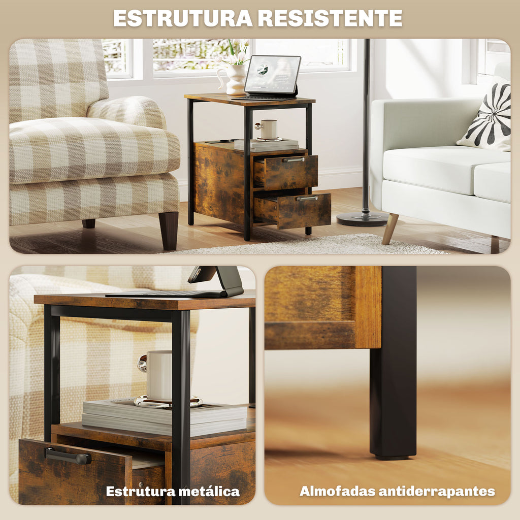 Mesa Auxiliar com Estação de Carga Entrada USB e Tomada Elétrica Mesa de Cabeceira com 2 Gavetas e Prateleira Aberta para Sala de Estar Dormitório 55x35x58,5 cm Marrom Rústico — foto 6