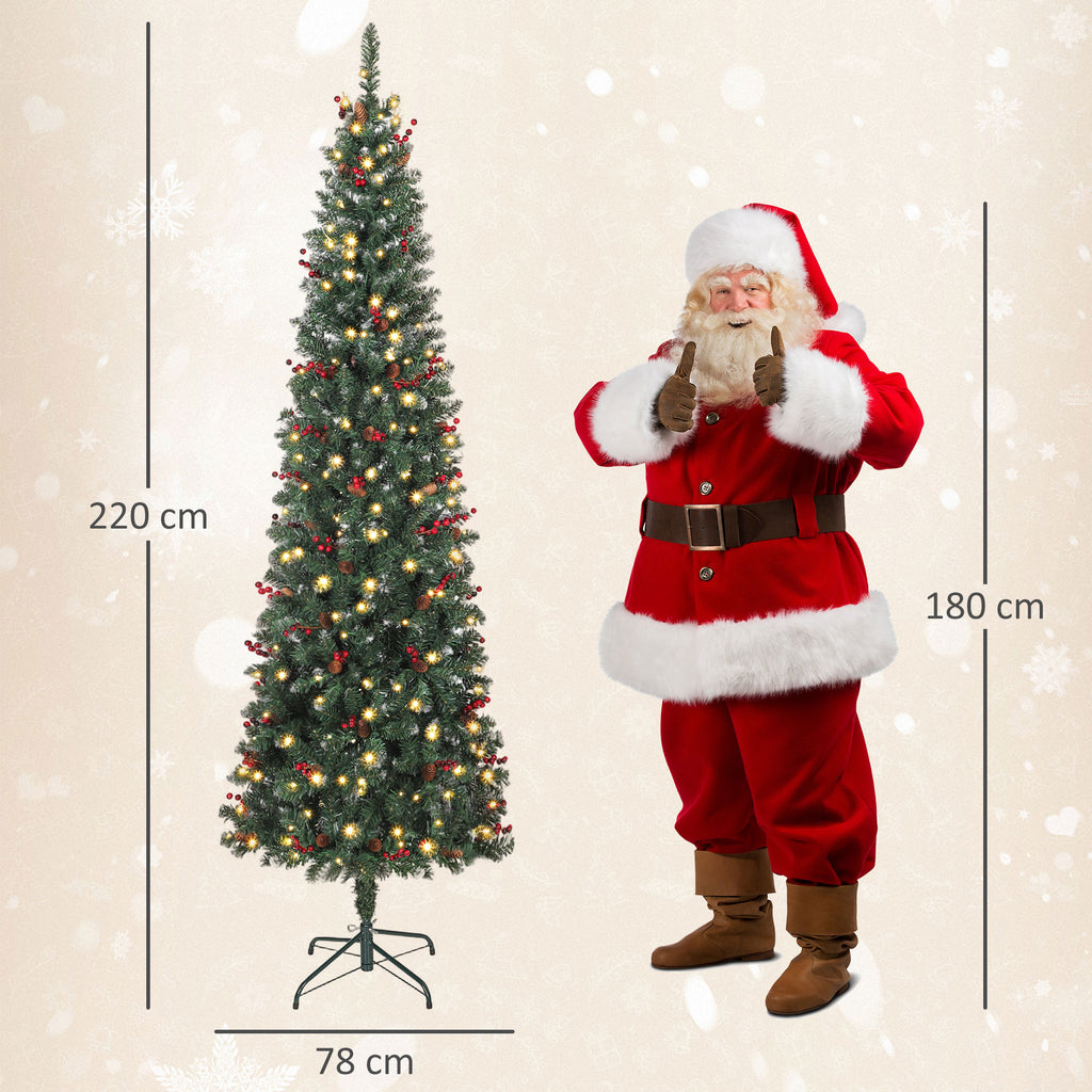 Árvore de Natal Slim 230 cm Árvore de Natal Artificial com Luzes LED Branco Quente 8 Modos de Iluminação 761 Ramos com Purpurina Prateada Pinhas Bagas e Suporte Metálico Verde — foto 3