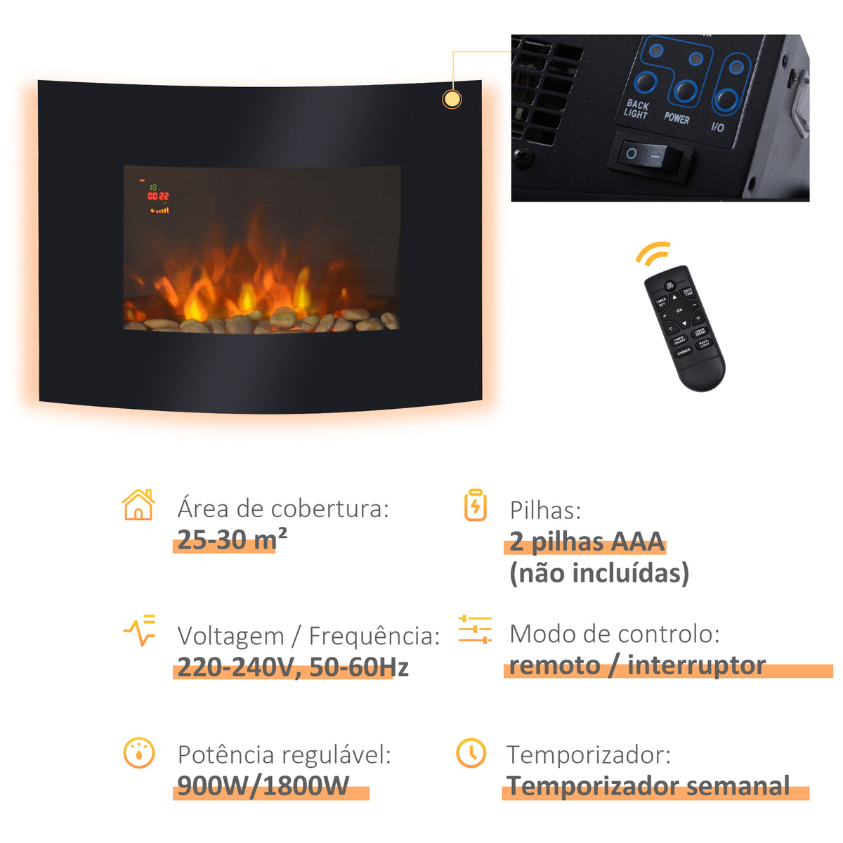 Lareira Elétrica de Parede com Efeito de Chamas Realistas e Luzes LED em 7 Cores com Controlo Remoto Potência 900W/1800W 65x11,4x52cm Preto — foto 5