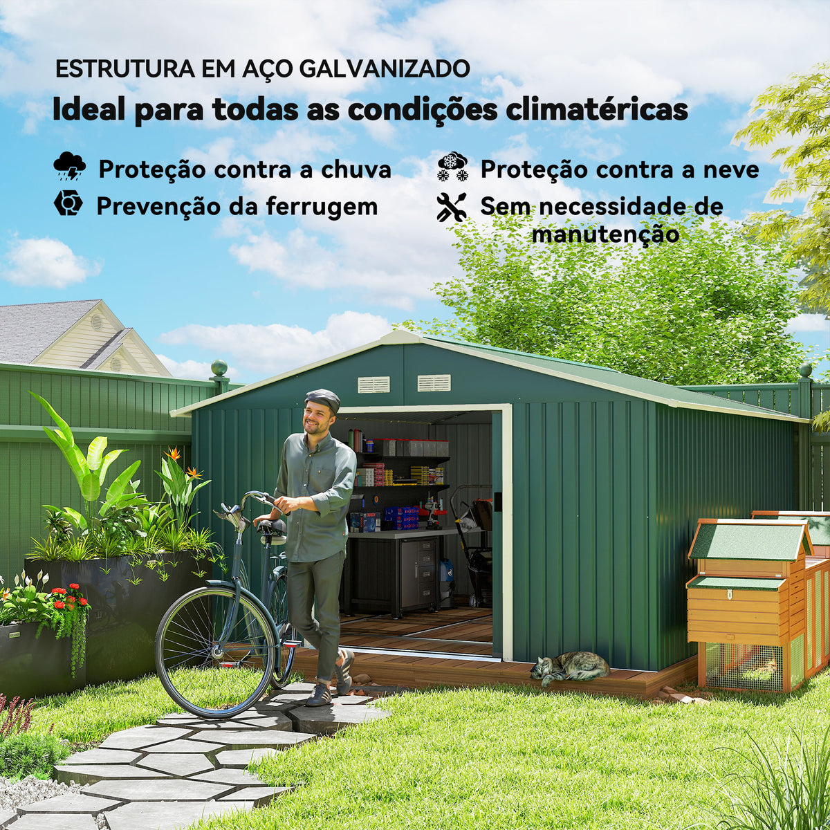 Abrigo de Jardim Metálico 340x386x200cm Abrigo de Exterior para Armazenamento de Ferramentas com Base de Reforço Incluida 4 Janelas de Ventilação e Porta Corredeira Verde — foto 4