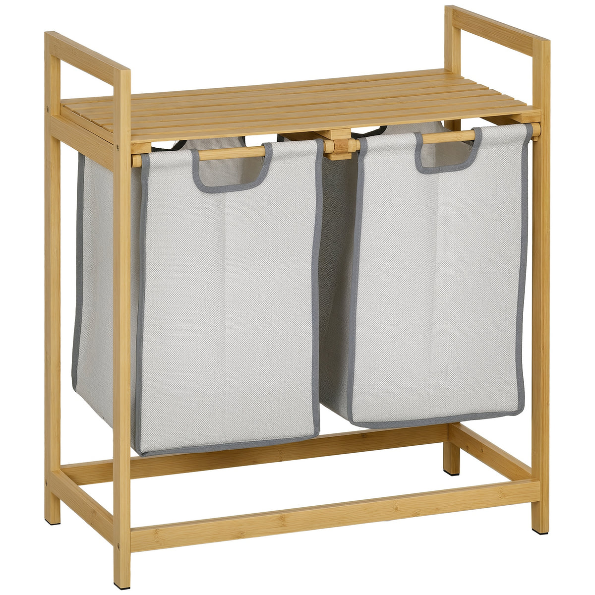 Cesto de Roupa de Bambu Cesto de Roupa Suja com 2 Bolsas Amovíveis e 2 Prateleiras Carga 20 kg 2x40,6L para Casa de Banho Dormitório 64x33x73 cm Madeira — foto 1