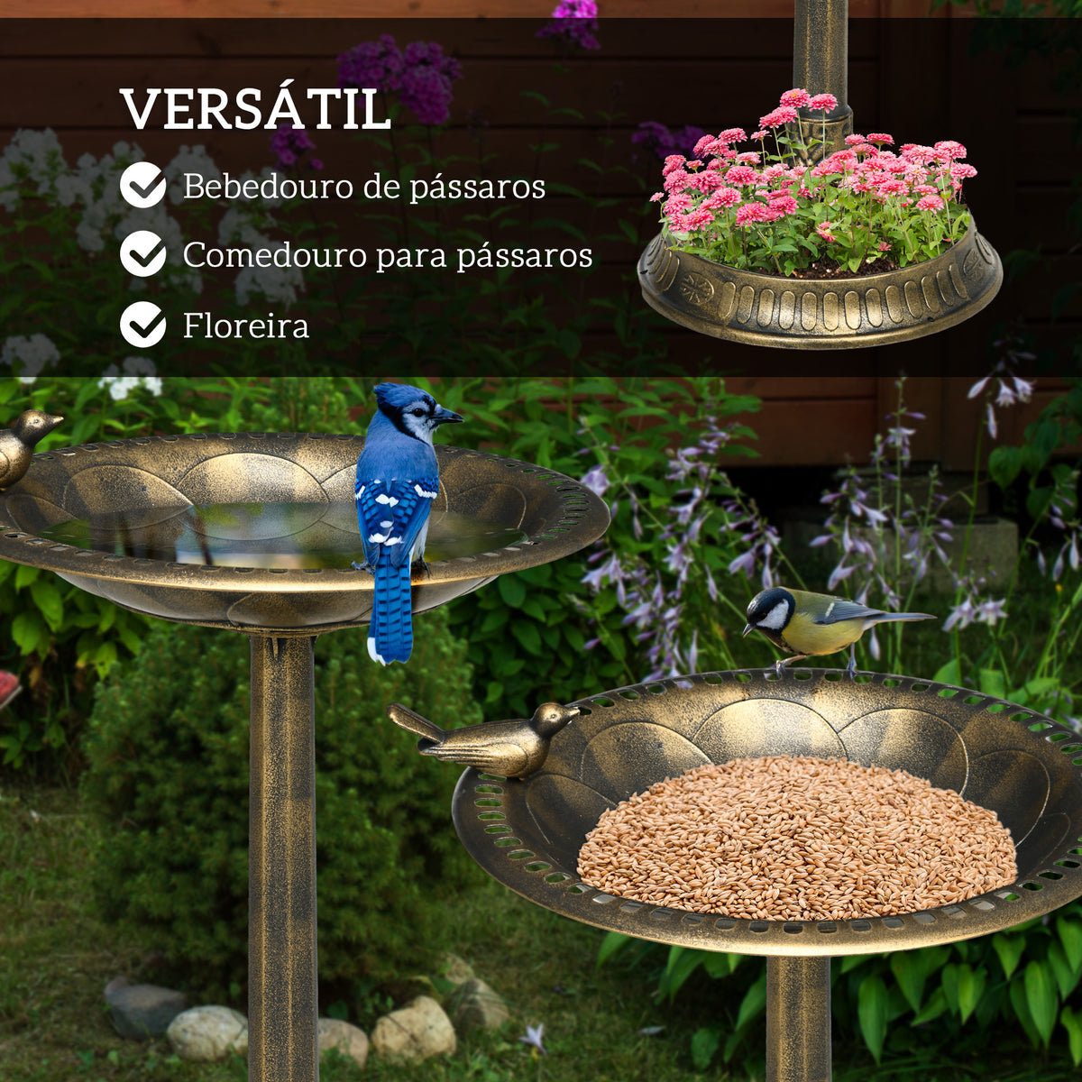 Banheira para Pássaros de Jardim Altura 72 cm Comedouro para Pássaros com 2 Níveis Desenho Elegante Banheira para Aves para Exterior Ø50x72 cm Bronze — foto 4