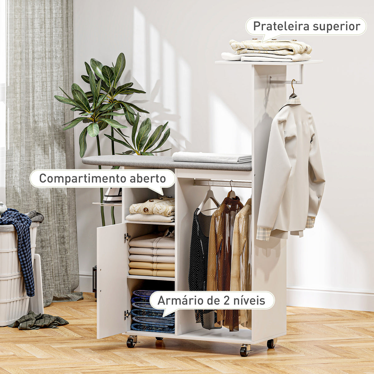 Móvel de Engomar Roupa com Rodas e Suporte Lateral Móvel de Passagem com Tábua de Passar Barra para Roupa Prateleira Ajustável 127,5x43,5x153 cm Branco — foto 6