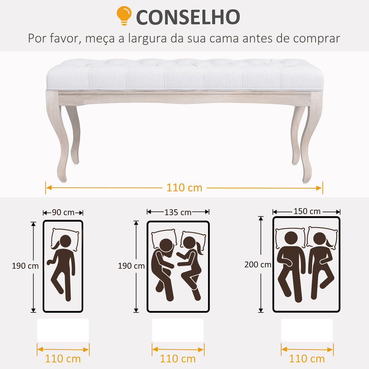 Banco Pé de Cama com Pés de Madeira e Assento Acolchoado Capacidade 120 kg Banco de Estilo Vintage para Dormitório Entrada Corredor 110x37x49 cm Creme — foto 7