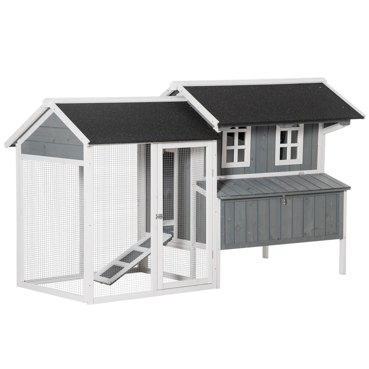 Galinheiro de Madeira Exterior Gaiola para 2-3 Galinhas com Grade de Arame Ninho Teto Asfáltico Bandeja Removível 2 Poleiros e Rampa 209,5x96x123 cm Cinza Azulado — foto 1