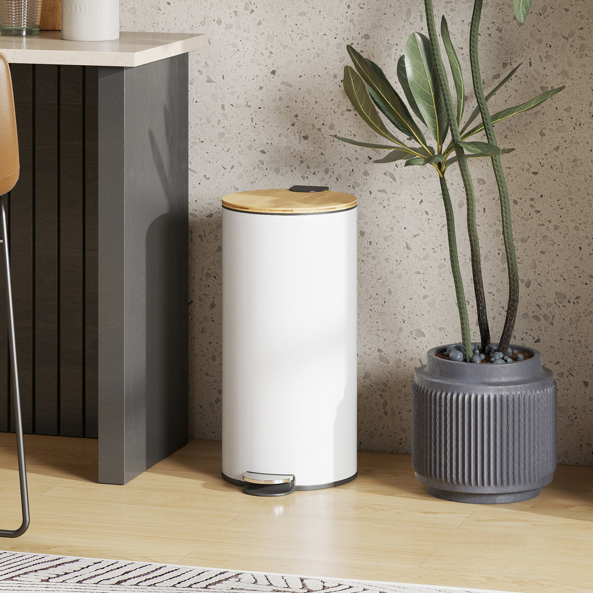 Balde do Lixo para Cozinha com Pedal 30L Cubo de Lixo Metálico com Tampa de Fecho Suave e Balde Removível para Quarto Escritório Estúdio e Sala 36x30x60,5 cm Branco e Madeira — foto 2