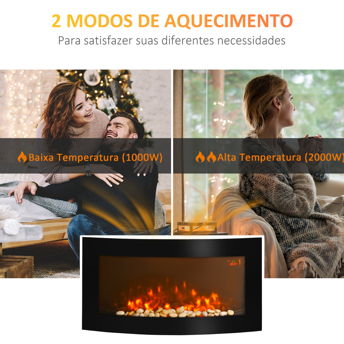 Lareira Elétrica de Parede com Efeito de Chama Realista Luzes LED de 7 Cores Controlo Remoto e Potência Ajustável 1000W/2000W 89,2x13,5x48cm Preto — foto 4